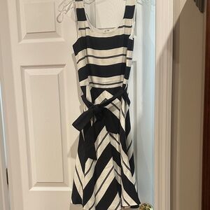 Ann Taylor Black & White Striped Tie-Waist Midi Dress